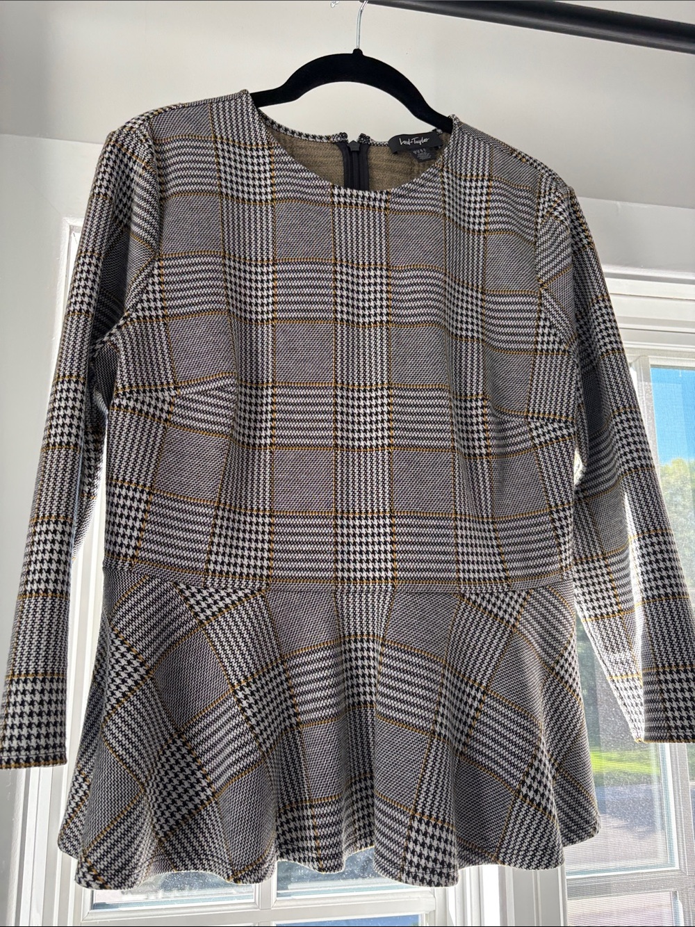Lord & Taylor Houndstooth Plaid Peplum Top in Black and Tan size M